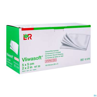 Sie sehen eine Packung Vlieskompressen Vliwasoft 6fach Steril 5x 5cm 2st, Produktbild: 03 Vlieskompressen Vliwasoft 6fach Steril 5x 5cm 2st, A-Nr.: 1372703 - 03