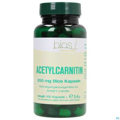 Sie sehen eine Packung Bios Acetylcarnitin 250mg 100 Kapseln, Produktbild: 02 Bios Acetylcarnitin 250mg 100 Kapseln, A-Nr.: 3992054 - 02