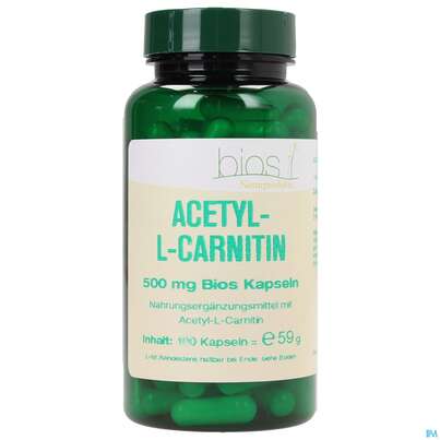 Sie sehen eine Packung Bios Acetyl-l-carnitin 500mg 100 Kapseln, Produktbild: 01 Bios Acetyl-l-carnitin 500mg 100 Kapseln, A-Nr.: 3890589 - 01