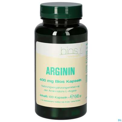 Sie sehen eine Packung Bios Arginin 400mg 100 Kapseln, Produktbild: 01 Bios Arginin 400mg 100 Kapseln, A-Nr.: 4147450 - 01