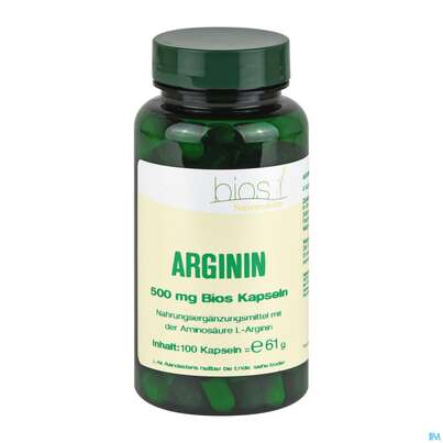 Sie sehen eine Packung Bios Arginin 500mg 100 Kapseln, Produktbild: 02 Bios Arginin 500mg 100 Kapseln, A-Nr.: 3890690 - 02