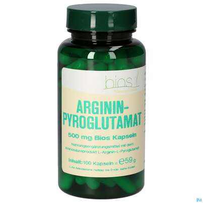 Sie sehen eine Packung Bios Argininpyroglutamat 500mg 100 Kapseln, Produktbild: 01 Bios Argininpyroglutamat 500mg 100 Kapseln, A-Nr.: 4247200 - 01