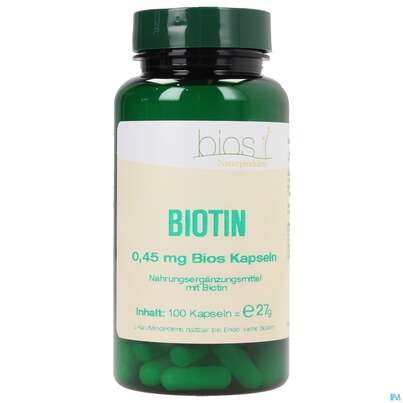 Sie sehen eine Packung Bios Biotin 0,45mg 100 Kapseln, Produktbild: 01 Bios Biotin 0,45mg 100 Kapseln, A-Nr.: 3890738 - 01