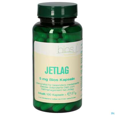 Sie sehen eine Packung Bios Jetlag 5mg 100 Kapseln, Produktbild: 02 Bios Jetlag 5mg 100 Kapseln, A-Nr.: 4246979 - 02