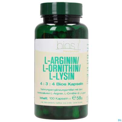 Sie sehen eine Packung Bios l-arginin/l-ornithin/l-lysin 4:3:4 100 Kapseln, Produktbild: 02 Bios l-arginin/l-ornithin/l-lysin 4:3:4 100 Kapseln, A-Nr.: 3891956 - 02