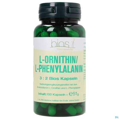Sie sehen eine Packung Bios l-ornithin/l-phenylalanin 3:2 100 Kapseln, Produktbild: 02 Bios l-ornithin/l-phenylalanin 3:2 100 Kapseln, A-Nr.: 3892200 - 02