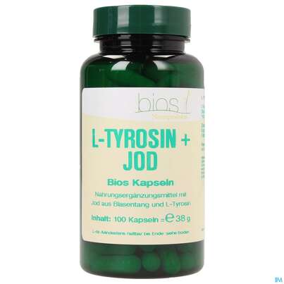 Sie sehen eine Packung Bios l-tyrosin + Jod 100 Kapseln, Produktbild: 02 Bios l-tyrosin + Jod 100 Kapseln, A-Nr.: 3892329 - 02