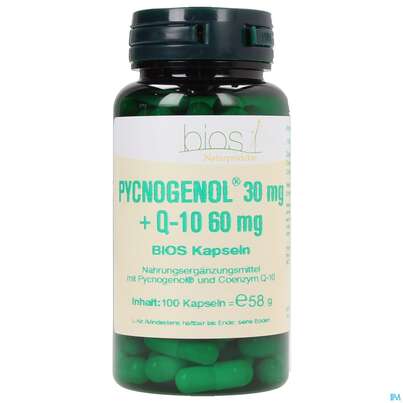 Sie sehen eine Packung Bios Pycnogenol® 30mg + Q-10 60mg 100 Kapseln, Produktbild: 02 Bios Pycnogenol® 30mg + Q-10 60mg 100 Kapseln, A-Nr.: 3892743 - 02