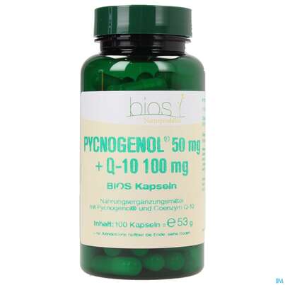 Sie sehen eine Packung Bios Pycnogenol® 50mg + Q-10 100mg 100 Kapseln, Produktbild: 02 Bios Pycnogenol® 50mg + Q-10 100mg 100 Kapseln, A-Nr.: 3892772 - 02
