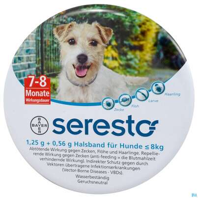 Sie sehen eine Packung Seresto Wirkstoffh.halsband F/hunde Kleiner Gleich 8kg 1,25g + 0,56g 1st, Produktbild: 01 Seresto Wirkstoffh.halsband F/hunde Kleiner Gleich 8kg 1,25g + 0,56g 1st, A-Nr.: 3907692 - 01