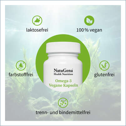 Sie sehen eine Packung NatuGena Omega-3 Vegane Kapseln, Produktbild: 05 NatuGena Omega-3 Vegane Kapseln, A-Nr.: 5847310 - 05