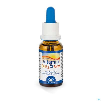 Sie sehen eine Packung Vitamin D3k2/oel/forte/tropfen 2000ie D3+k2 Dr.jacobs 20ml, Produktbild: 01 Vitamin D3k2/oel/forte/tropfen 2000ie D3+k2 Dr.jacobs 20ml, A-Nr.: 4799939 - 01