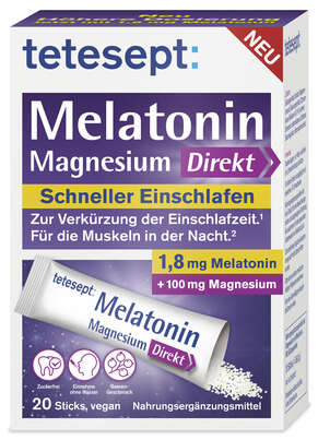 Sie sehen eine Packung TETESEPT Melatonin 1,8mg + Magnesium Direkt Sticks 20 St., Produktbild: 02 TETESEPT Melatonin 1,8mg + Magnesium Direkt Sticks 20 St., A-Nr.: 5709223 - 02