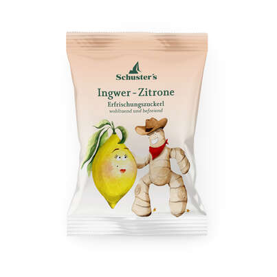 Sie sehen eine Packung Schuster’s Ingwer-Zitrone Erfrischungszuckerl, Produktbild: 01 Schuster’s Ingwer-Zitrone Erfrischungszuckerl, A-Nr.: 4131319 - 01