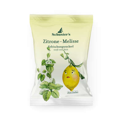 Sie sehen eine Packung Schuster’s Zitrone-Melisse Bonbons zuckerfrei, Produktbild: 01 Schuster’s Zitrone-Melisse Bonbons zuckerfrei, A-Nr.: 4902780 - 01