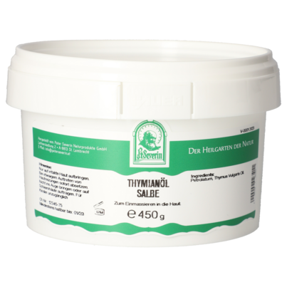 Sie sehen eine Packung THYMIANOEL SALBE 450G, Produktbild: 01 THYMIANOEL SALBE 450G, A-Nr.: 5802796 - 01