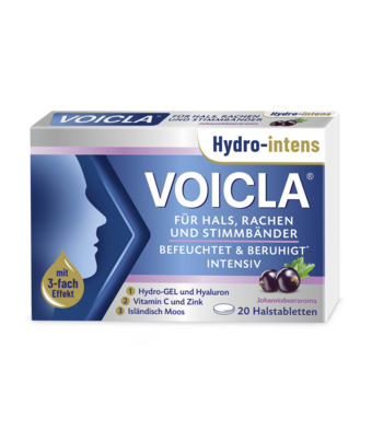 Sie sehen eine Packung VOICLA® Hydro-intens Halstabletten Johannisbeere, Produktbild: 01 VOICLA® Hydro-intens Halstabletten Johannisbeere, A-Nr.: 5940268 - 01