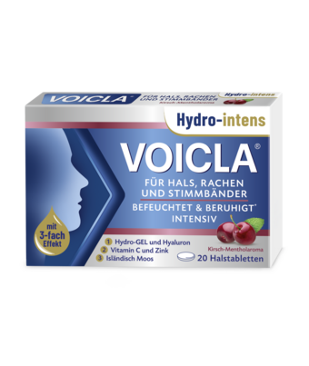 Sie sehen eine Packung VOICLA® Hydro-intens Halstabletten Kirsch-Menthol, Produktbild: 01 VOICLA® Hydro-intens Halstabletten Kirsch-Menthol, A-Nr.: 5940216 - 01