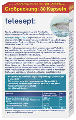 Sie sehen eine Packung TETESEPT Omega-3 1000 KAP 80ST, Produktbild: 02 TETESEPT Omega-3 1000 KAP 80ST, A-Nr.: 4057072 - 02