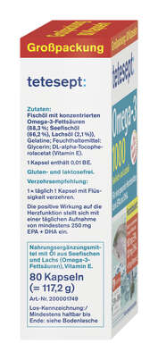 Sie sehen eine Packung TETESEPT Omega-3 1000 KAP 80ST, Produktbild: 03 TETESEPT Omega-3 1000 KAP 80ST, A-Nr.: 4057072 - 03