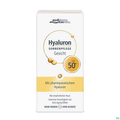 Sie sehen eine Packung Sonnenprodukte Hyaluron Sonnenpflege Gesicht Lsf50+ 50ml, Produktbild: 05 Sonnenprodukte Hyaluron Sonnenpflege Gesicht Lsf50+ 50ml, A-Nr.: 4624281 - 05
