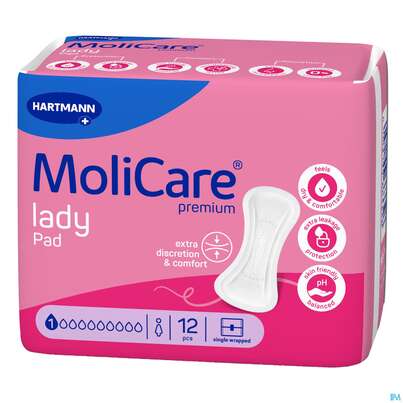 Sie sehen eine Packung Inkontinenz Molicare Premium/lady Pad Tropfen 1 P12 12st, Produktbild: 01 Inkontinenz Molicare Premium/lady Pad Tropfen 1 P12 12st, A-Nr.: 5933972 - 01
