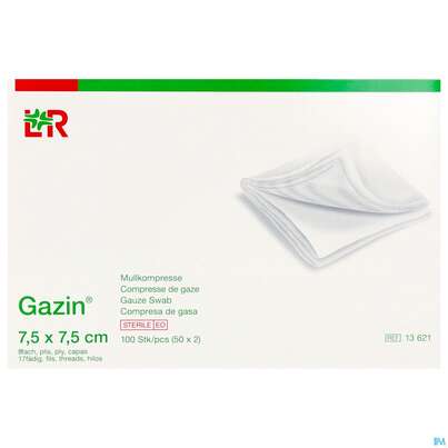 Sie sehen eine Packung Mullkompressen Gazin Baumw.17faedig Steril 8fach 7,5x 7,5cm 50x2 100st, Produktbild: 02 Mullkompressen Gazin Baumw.17faedig Steril 8fach 7,5x 7,5cm 50x2 100st, A-Nr.: 2309256 - 02