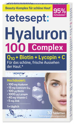 Sie sehen eine Packung tetesept Hyaluron 100mg Fta 30 Stk., Produktbild: 02 tetesept Hyaluron 100mg Fta 30 Stk., A-Nr.: 5179699 - 02