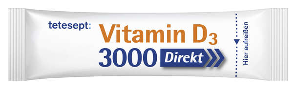 Sie sehen eine Packung TETESEPT Vitamin D3 3000 Direct Stick 20 St., Produktbild: 02 TETESEPT Vitamin D3 3000 Direct Stick 20 St., A-Nr.: 6007115 - 02