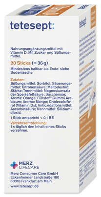 Sie sehen eine Packung TETESEPT Vitamin D3 3000 Direct Stick 20 St., Produktbild: 05 TETESEPT Vitamin D3 3000 Direct Stick 20 St., A-Nr.: 6007115 - 05