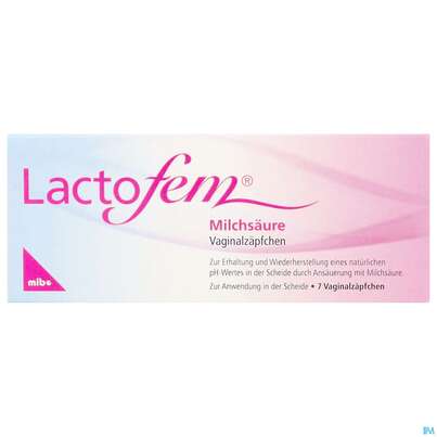 Sie sehen eine Packung Lactofem Milchsaeure Vaginalzaepfchen 7st, Produktbild: 01 Lactofem Milchsaeure Vaginalzaepfchen 7st, A-Nr.: 5923525 - 01