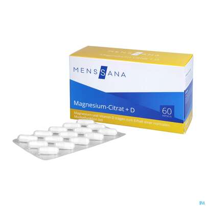Sie sehen eine Packung Magnesium Citrat +d Kapseln Menssana 60st, Produktbild: 05 Magnesium Citrat +d Kapseln Menssana 60st, A-Nr.: 4358566 - 05