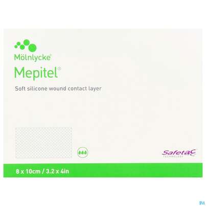 Sie sehen eine Packung Netzauflagen Mepitel Silikon Steril 8x10cm 5st, Produktbild: 01 Netzauflagen Mepitel Silikon Steril 8x10cm 5st, A-Nr.: 4743258 - 01