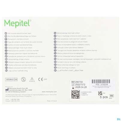Sie sehen eine Packung Netzauflagen Mepitel Silikon Steril 8x10cm 5st, Produktbild: 03 Netzauflagen Mepitel Silikon Steril 8x10cm 5st, A-Nr.: 4743258 - 03