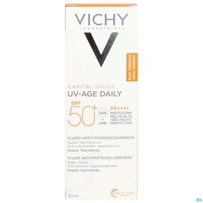 Sie sehen eine Packung Sonnenprodukte Vichy/capital Soleil Uv-age Daily Lsf 50+ 80ml, Produktbild: 01 Sonnenprodukte Vichy/capital Soleil Uv-age Daily Lsf 50+ 80ml, A-Nr.: 5893356 - 01