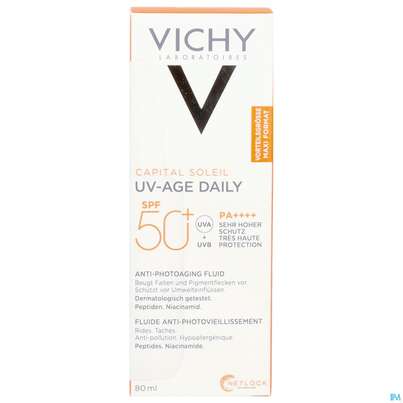 Sie sehen eine Packung Sonnenprodukte Vichy/capital Soleil Uv-age Daily Lsf 50+ 80ml, Produktbild: 02 Sonnenprodukte Vichy/capital Soleil Uv-age Daily Lsf 50+ 80ml, A-Nr.: 5893356 - 02