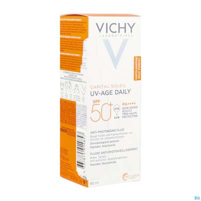 Sie sehen eine Packung Sonnenprodukte Vichy/capital Soleil Uv-age Daily Lsf 50+ 80ml, Produktbild: 03 Sonnenprodukte Vichy/capital Soleil Uv-age Daily Lsf 50+ 80ml, A-Nr.: 5893356 - 03
