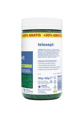 Sie sehen eine Packung TETESEPT Erkältungs Meersalz 750g+150g, Produktbild: 02 TETESEPT Erkältungs Meersalz 750g+150g, A-Nr.: 4907139 - 02