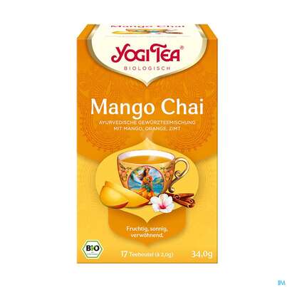 Sie sehen eine Packung Yogi Tea Bio Mango Chai 34,0g 17st, Produktbild: 01 Yogi Tea Bio Mango Chai 34,0g 17st, A-Nr.: 5961342 - 01