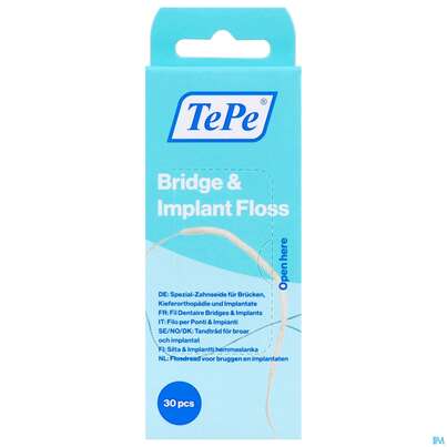 Sie sehen eine Packung Tepe Bridge +implant Floss 30st, Produktbild: 01 Tepe Bridge +implant Floss 30st, A-Nr.: 5826851 - 01
