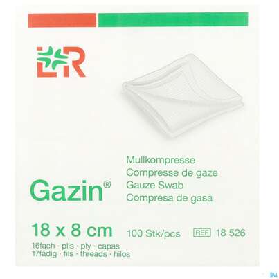 Sie sehen eine Packung Mullkompressen Gazin Baumw.17faedig Unsteril 16fach 18x 8cm 100st, Produktbild: 01 Mullkompressen Gazin Baumw.17faedig Unsteril 16fach 18x 8cm 100st, A-Nr.: 2384967 - 01