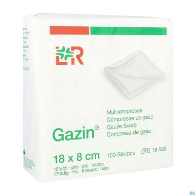Sie sehen eine Packung Mullkompressen Gazin Baumw.17faedig Unsteril 16fach 18x 8cm 100st, Produktbild: 02 Mullkompressen Gazin Baumw.17faedig Unsteril 16fach 18x 8cm 100st, A-Nr.: 2384967 - 02