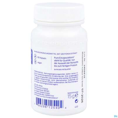 Sie sehen eine Packung Griffonia Kapseln Pure Encapsulations 60st, Produktbild: 03 Griffonia Kapseln Pure Encapsulations 60st, A-Nr.: 5722643 - 03