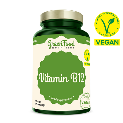 Sie sehen eine Packung GreenFood Nutrition Vitamin B12 90 Kapseln, Produktbild: 01 GreenFood Nutrition Vitamin B12 90 Kapseln, A-Nr.: 6004246 - 01