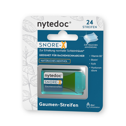 Sie sehen eine Packung nytedoc® SNORE-X® Gaumen-Streifen, Produktbild: 01 nytedoc® SNORE-X® Gaumen-Streifen, A-Nr.: 5928043 - 01
