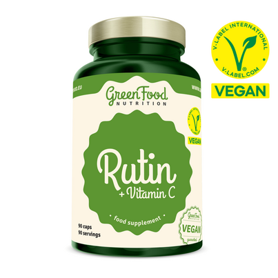 Sie sehen eine Packung GreenFood Nutrition Rutin + Vitamin C 90 Kapseln, Produktbild: 01 GreenFood Nutrition Rutin + Vitamin C 90 Kapseln, A-Nr.: 6004186 - 01