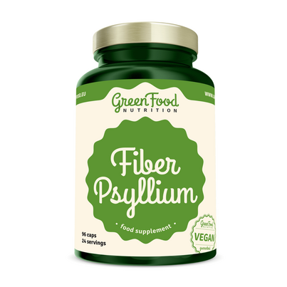 Sie sehen eine Packung GreenFood Nutrition Psyllium-Faser 96 Kapseln, Produktbild: 01 GreenFood Nutrition Psyllium-Faser 96 Kapseln, A-Nr.: 5634181 - 01