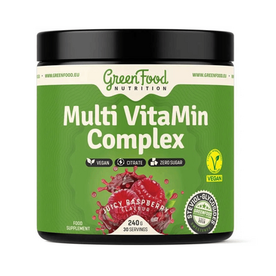 Sie sehen eine Packung GreenFood Nutrition Multi VitaMin Complex 240 G Himbeere, Produktbild: 01 GreenFood Nutrition Multi VitaMin Complex 240 G Himbeere, A-Nr.: 6004654 - 01