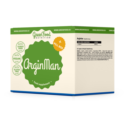 Sie sehen eine Packung GreenFood Nutrition ArginMan + Pillbox, Produktbild: 01 GreenFood Nutrition ArginMan + Pillbox, A-Nr.: 5635045 - 01