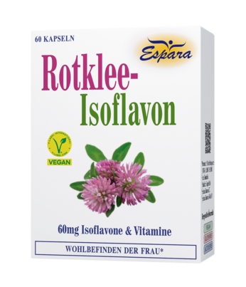 Sie sehen eine Packung Espara Rotklee-Isoflavon Kapseln, Produktbild: 01 Espara Rotklee-Isoflavon Kapseln, A-Nr.: 3663586 - 01